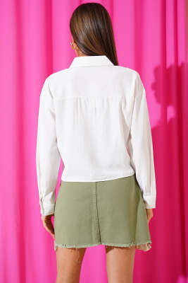 Varak Çizgili Crop Gömlek Silver - Thumbnail