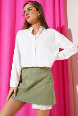 Varak Çizgili Crop Gömlek Silver - Thumbnail