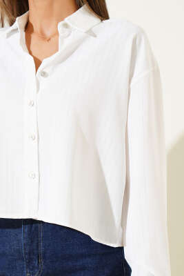 Varak Çizgili Crop Gömlek Gold - Thumbnail