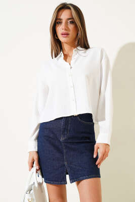 Varak Çizgili Crop Gömlek Gold - Thumbnail