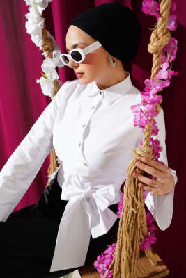 Pazarium - Yandan Bağlamalı Çapraz Düğmeli Kısa Gömlek Beyaz