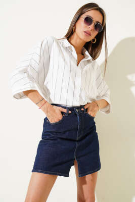 Pazarium - Çizgili Salaş Yarasa Kol Gömlek Siyah