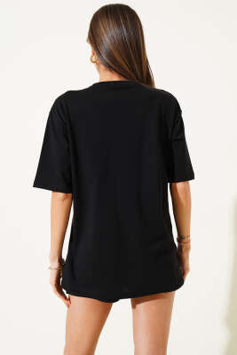Yaka Ayıcıklı Basic T-shirt Siyah - Thumbnail