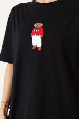 Yaka Ayıcıklı Basic T-shirt Siyah - Thumbnail