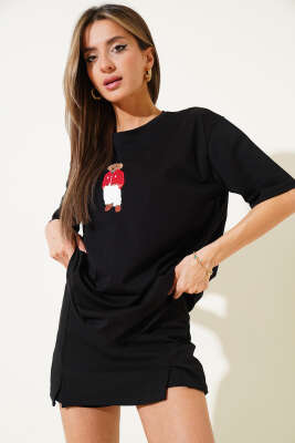 Yaka Ayıcıklı Basic T-shirt Siyah - Thumbnail
