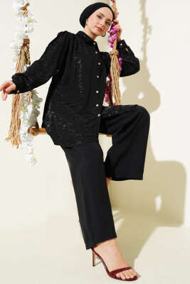 Pazarium - Zebra Desen Jakar Tunik İkili Takım Siyah