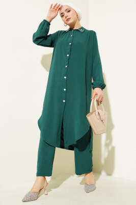 Pazarium - Yaka İncili Uzun Tunik İkili Takım Zümrüt
