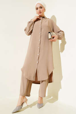 Pazarium - Yaka İncili Uzun Tunik İkili Takım Vizon