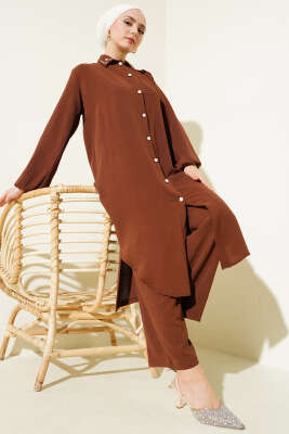 Pazarium - Yaka İncili Uzun Tunik İkili Takım Kahve