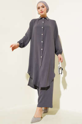 Pazarium - Yaka İncili Uzun Tunik İkili Takım Füme
