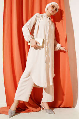 Pazarium - Yaka İncili Uzun Tunik İkili Takım Bej