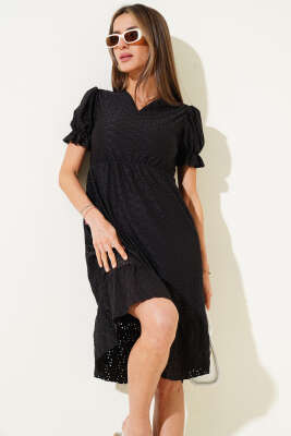 Fırfır Detaylı Brodeli Elbise Siyah - Thumbnail