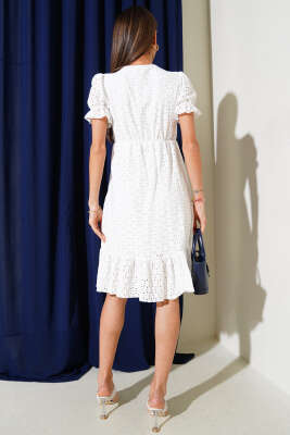 Fırfır Detaylı Brodeli Elbise Ekru - Thumbnail