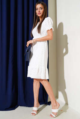 Fırfır Detaylı Brodeli Elbise Ekru - Thumbnail