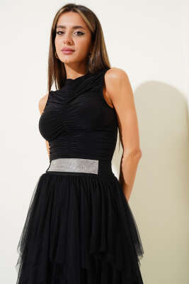 Önü Büzgülü Kolsuz Sandy Bluz Siyah - Thumbnail