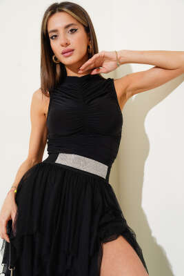 Önü Büzgülü Kolsuz Sandy Bluz Siyah - Thumbnail