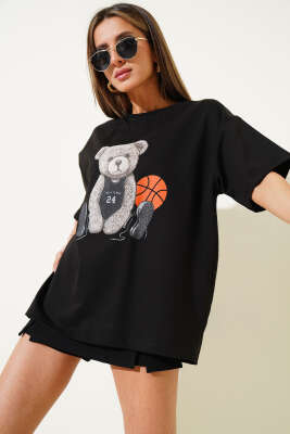 Pazarium - Ayıcıklı Basket Top Baskılı T-shirt Siyah