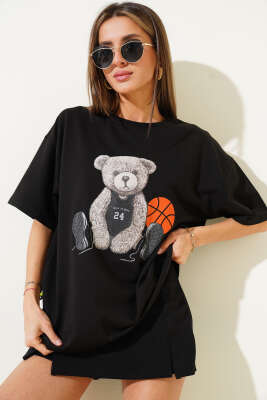 Ayıcıklı Basket Top Baskılı T-shirt Siyah - Thumbnail