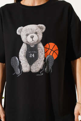 Ayıcıklı Basket Top Baskılı T-shirt Siyah - Thumbnail