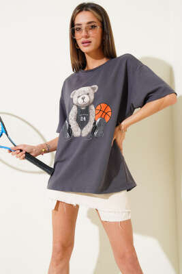Ayıcıklı Basket Top Baskılı T-shirt Füme - Thumbnail