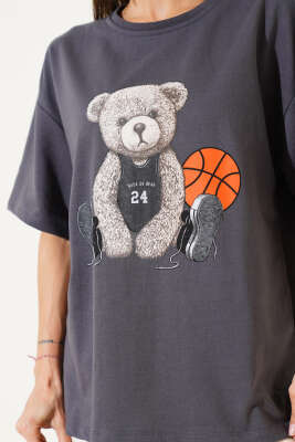 Ayıcıklı Basket Top Baskılı T-shirt Füme - Thumbnail