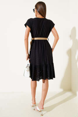 Kruvaze Brodeli Elbise Siyah - Thumbnail