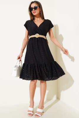 Kruvaze Brodeli Elbise Siyah - Thumbnail