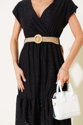 Kruvaze Brodeli Elbise Siyah - Thumbnail