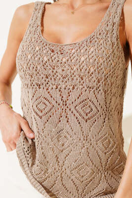 Desenli Ajurlu Kalın Askılı Triko Bluz Vizon - Thumbnail