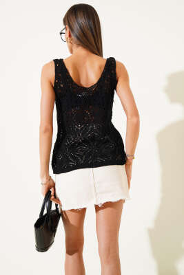 Desenli Ajurlu Kalın Askılı Triko Bluz Siyah - Thumbnail