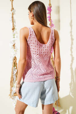 Desenli Ajurlu Kalın Askılı Triko Bluz Pembe - Thumbnail