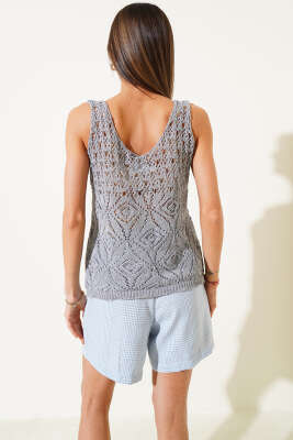 Desenli Ajurlu Kalın Askılı Triko Bluz Gri - Thumbnail