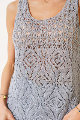 Desenli Ajurlu Kalın Askılı Triko Bluz Gri - Thumbnail