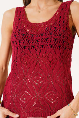 Desenli Ajurlu Kalın Askılı Triko Bluz Bordo - Thumbnail