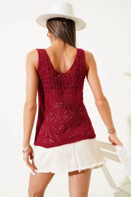 Desenli Ajurlu Kalın Askılı Triko Bluz Bordo - Thumbnail