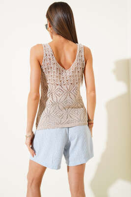 Desenli Ajurlu Kalın Askılı Triko Bluz Bej - Thumbnail