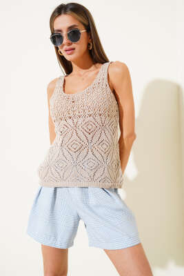 Desenli Ajurlu Kalın Askılı Triko Bluz Bej - Thumbnail