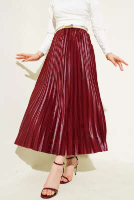 Pileli Deri Görünümlü Bel Lastikli Etek Bordo - Thumbnail