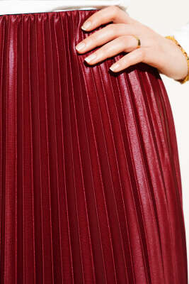 Pileli Deri Görünümlü Bel Lastikli Etek Bordo - Thumbnail