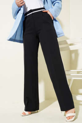 Bel Şeritli Düğmeli Palazzo Pantolon Siyah - Thumbnail