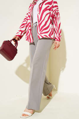 Bel Şeritli Düğmeli Palazzo Pantolon Gri - Thumbnail