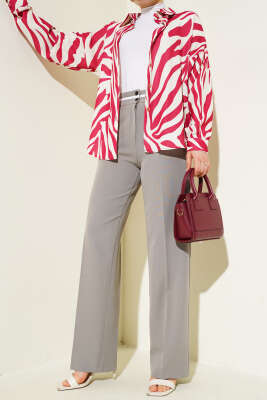 Bel Şeritli Düğmeli Palazzo Pantolon Gri - Thumbnail