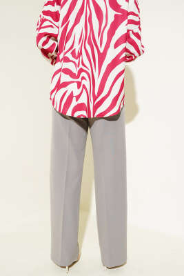 Bel Şeritli Düğmeli Palazzo Pantolon Gri - Thumbnail