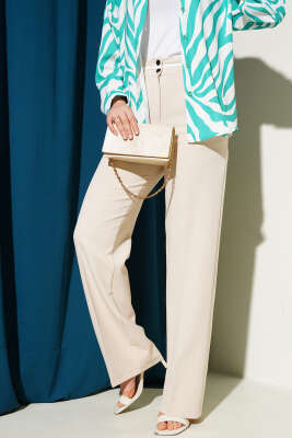 Bel Şeritli Düğmeli Palazzo Pantolon Bej - Thumbnail