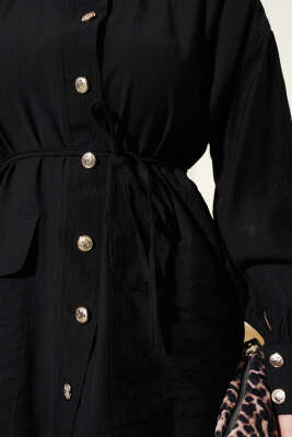 Çift Cepli Düğmeli İp Kuşaklı İkili Takım Siyah - Thumbnail