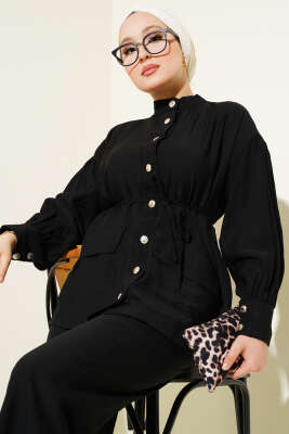 Çift Cepli Düğmeli İp Kuşaklı İkili Takım Siyah - Thumbnail