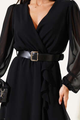 Kruvaze Yakalı Metal Kemerli Elbise Siyah - Thumbnail