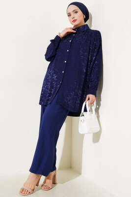 Pazarium - Zebra Desen Jakar Tunik İkili Takım Lacivert