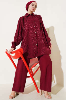 Pazarium - Zebra Desen Jakar Tunik İkili Takım Bordo