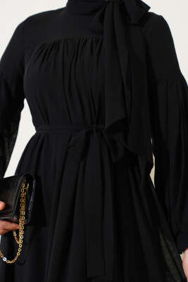 Yaka Bağlama Detaylı Salaş Elbise Siyah - Thumbnail